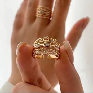 Rhinestone Gold plated Stacked Ring adjustable size - New